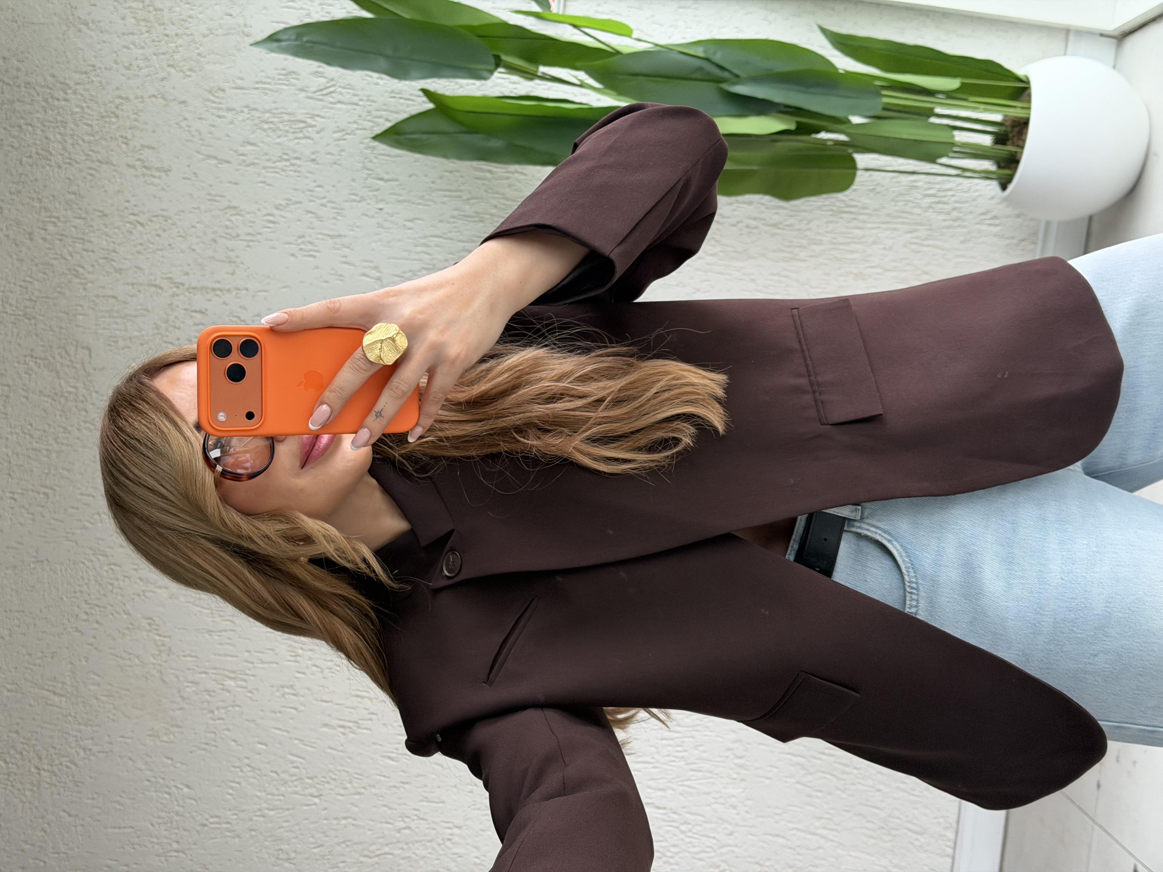 Kahve Yaka Tek Düğme Blazer Ceket