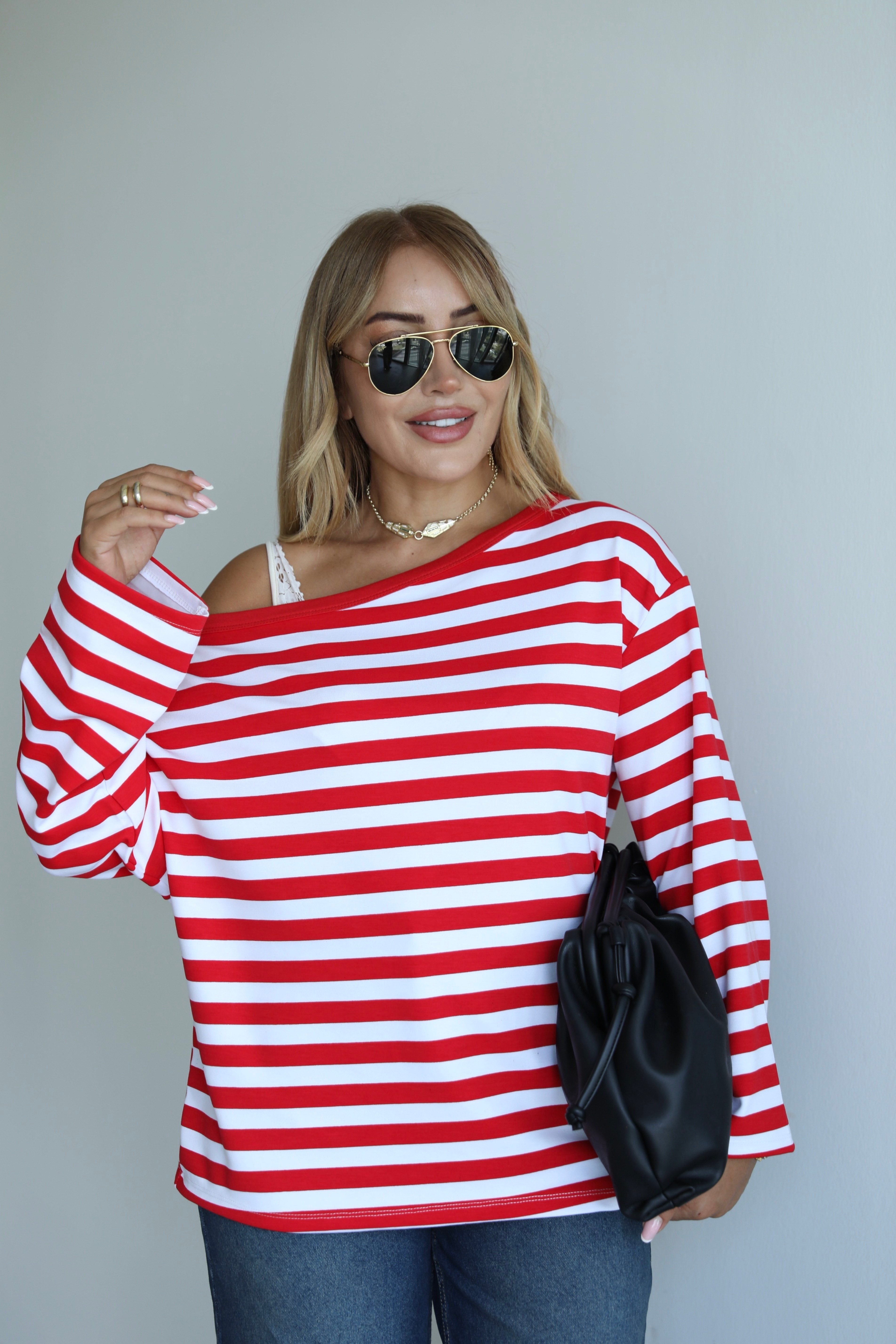 Kırmızı Beyaz Çizgili Kayık Yaka Basic T-shirt 