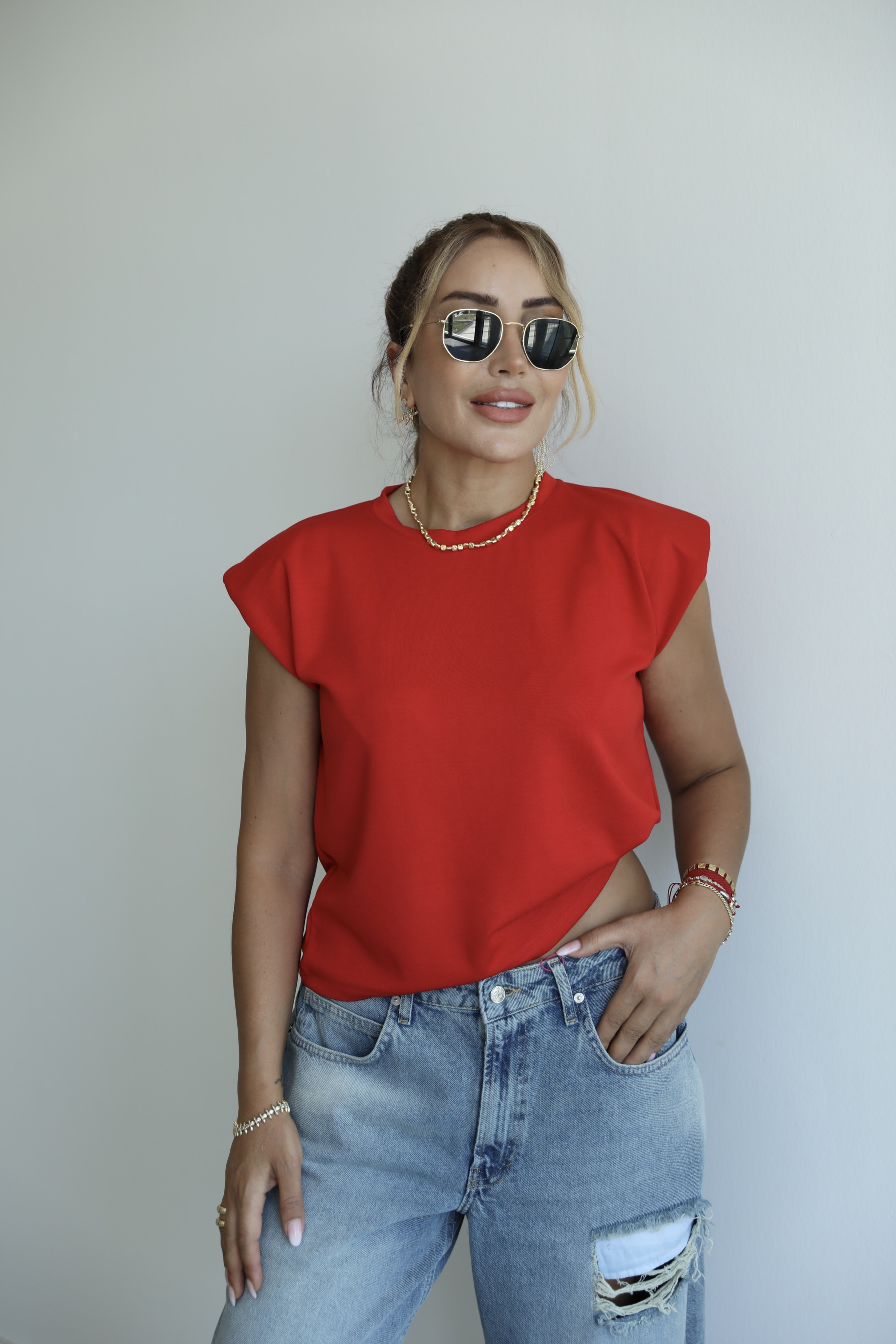 Kırmızı Vatkalı Modal Basic T-shirt 