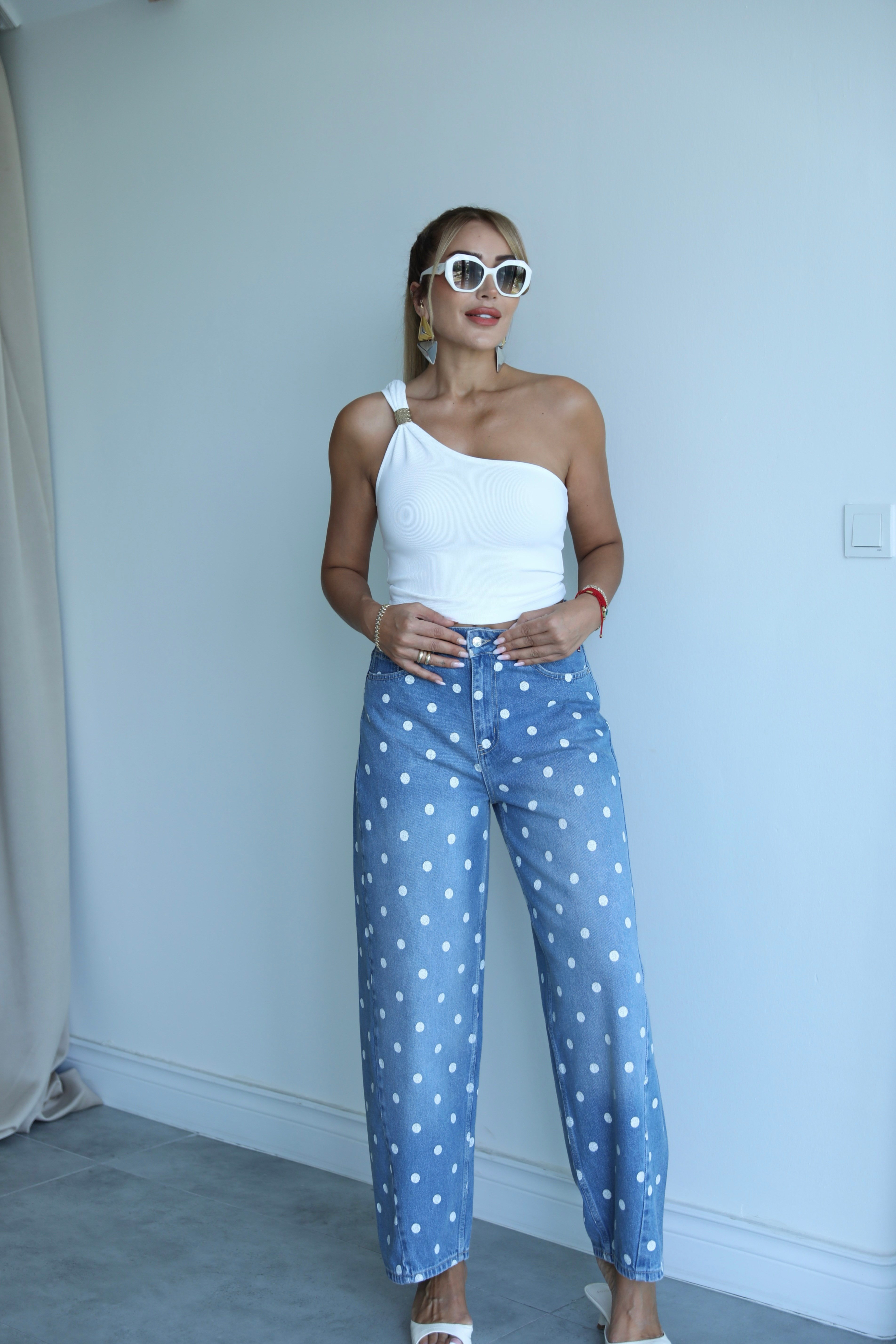 Mavi Beyaz Puantiyeli Denim