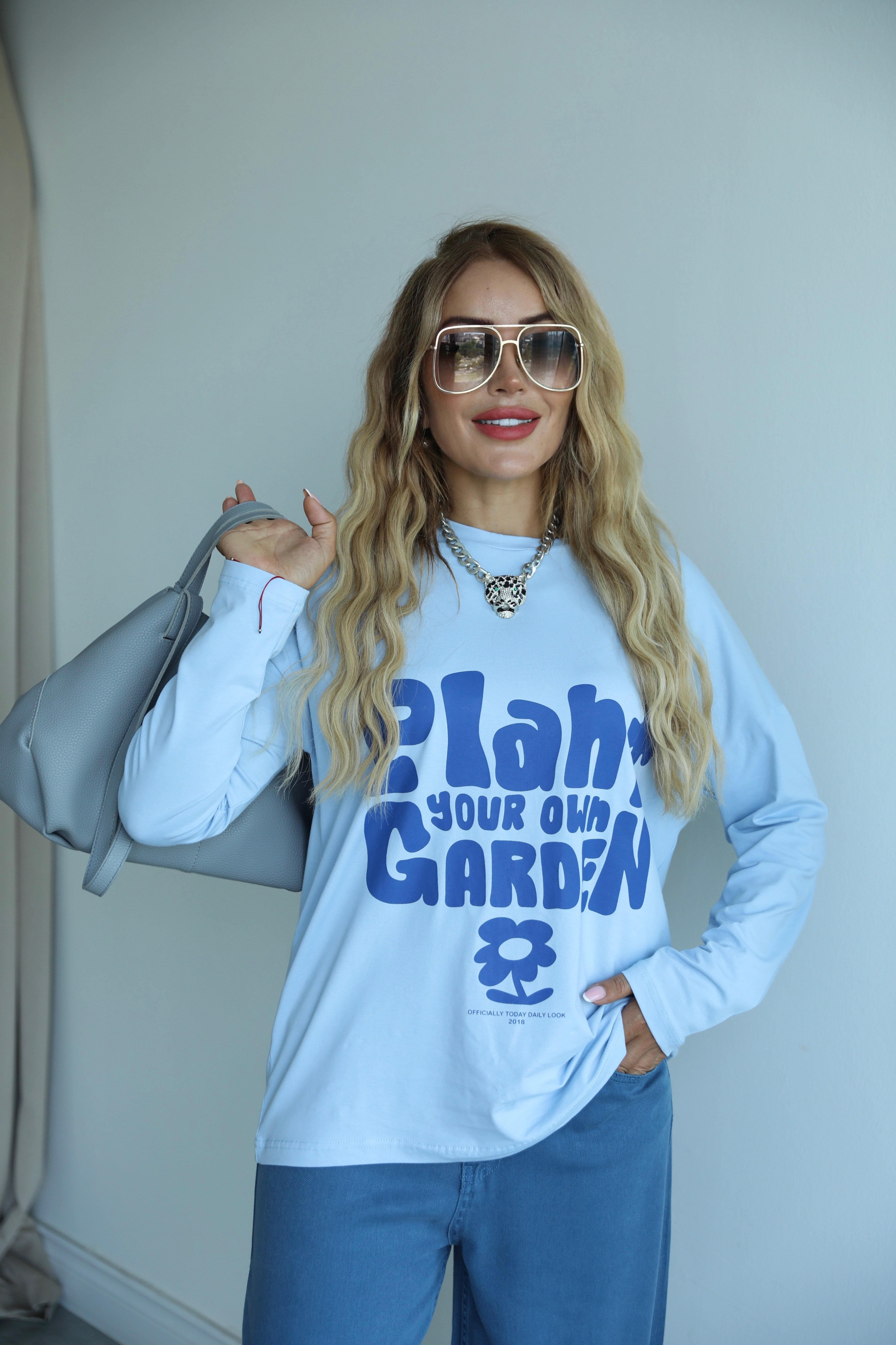 Mavi Yazılı Uzun Kollu Basic T-shirt 