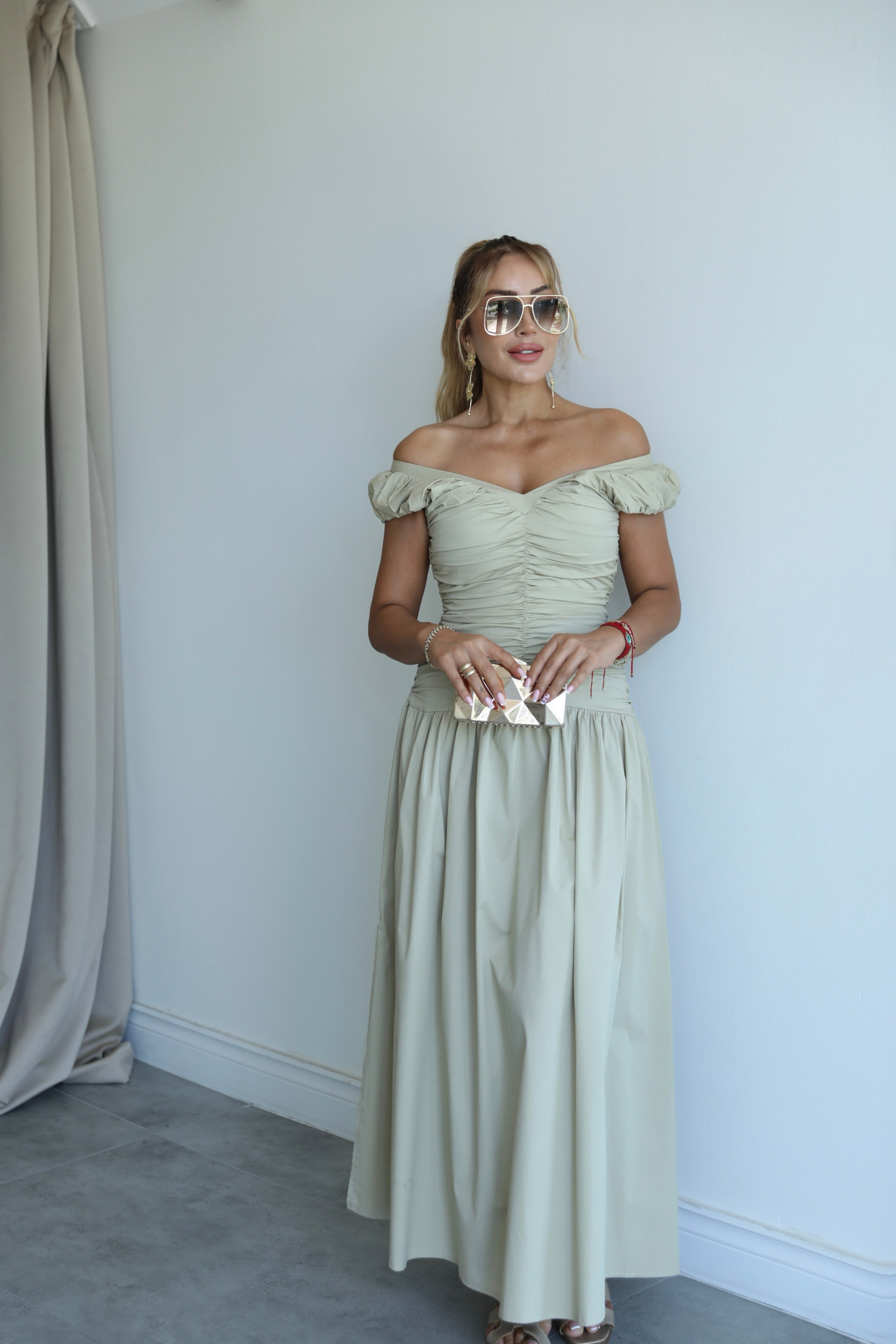 Olive Büzgülü Poplin Elbise