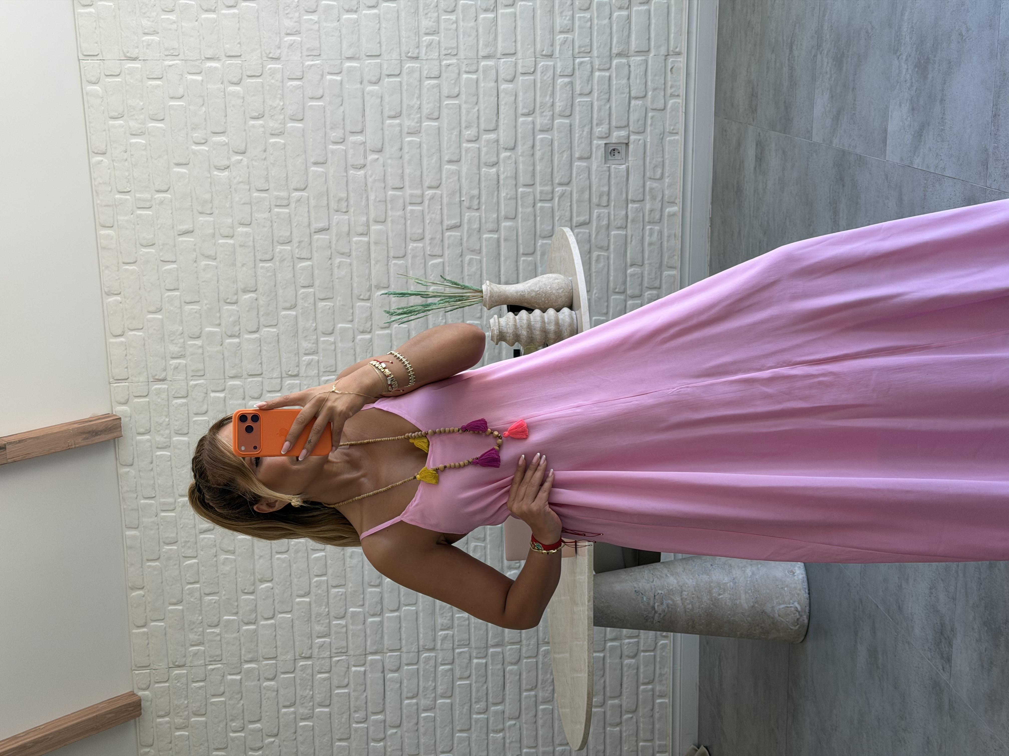 Pembe Askılı Maxi Çan Elbise