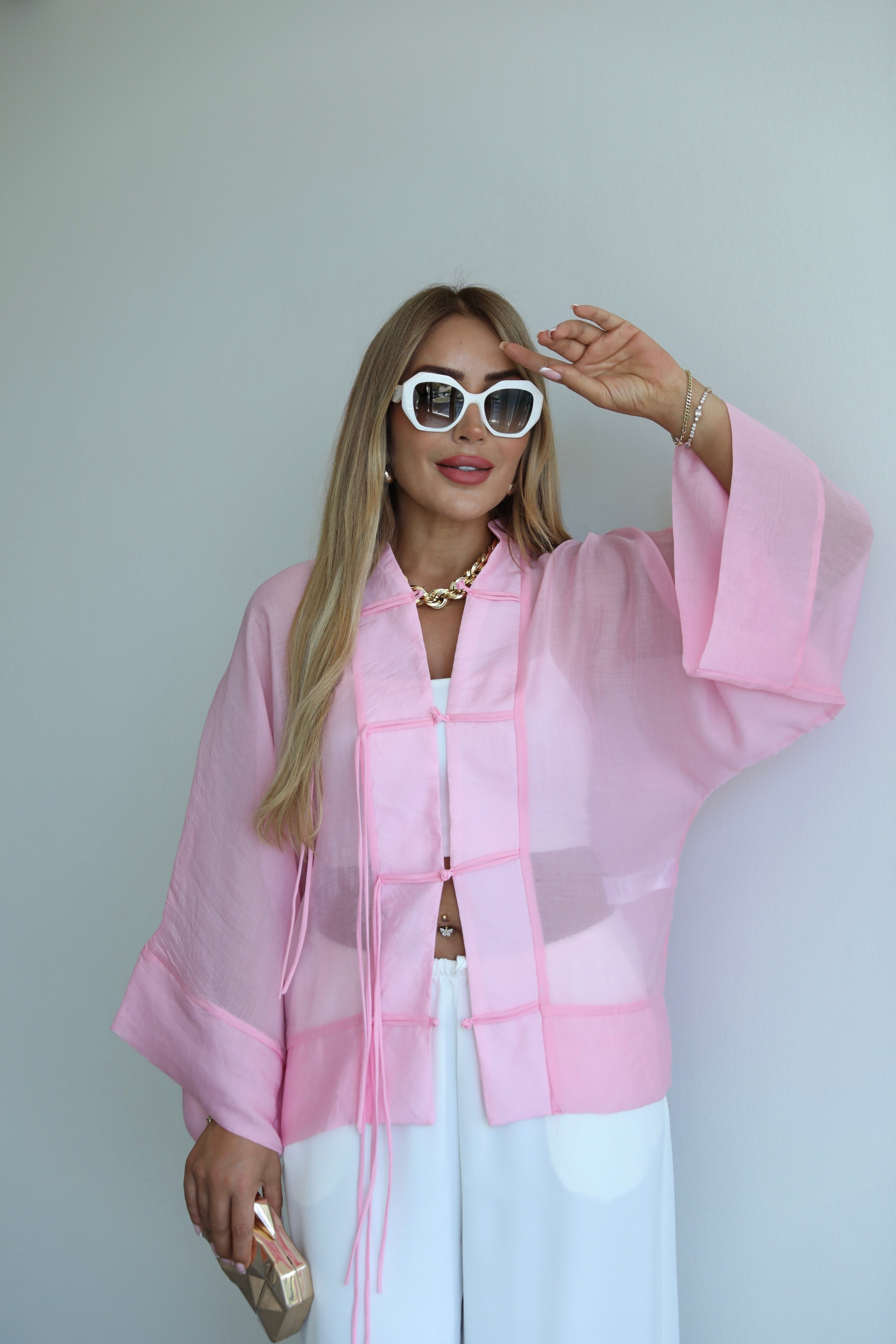 Pembe Bağlamalı Kimono Gömlek
