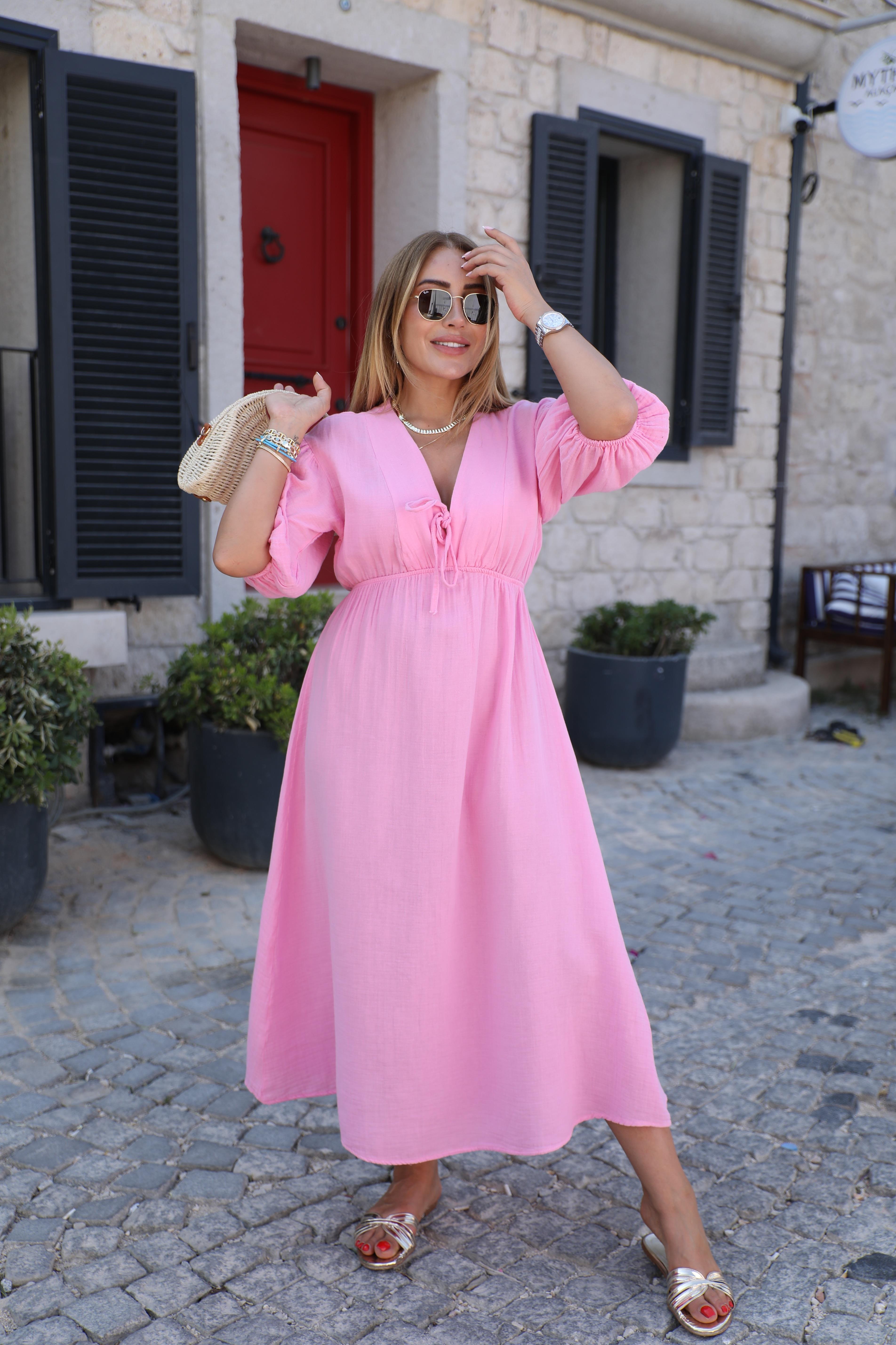 Pembe Beli Büzgülü Muslin Keten Elbise 