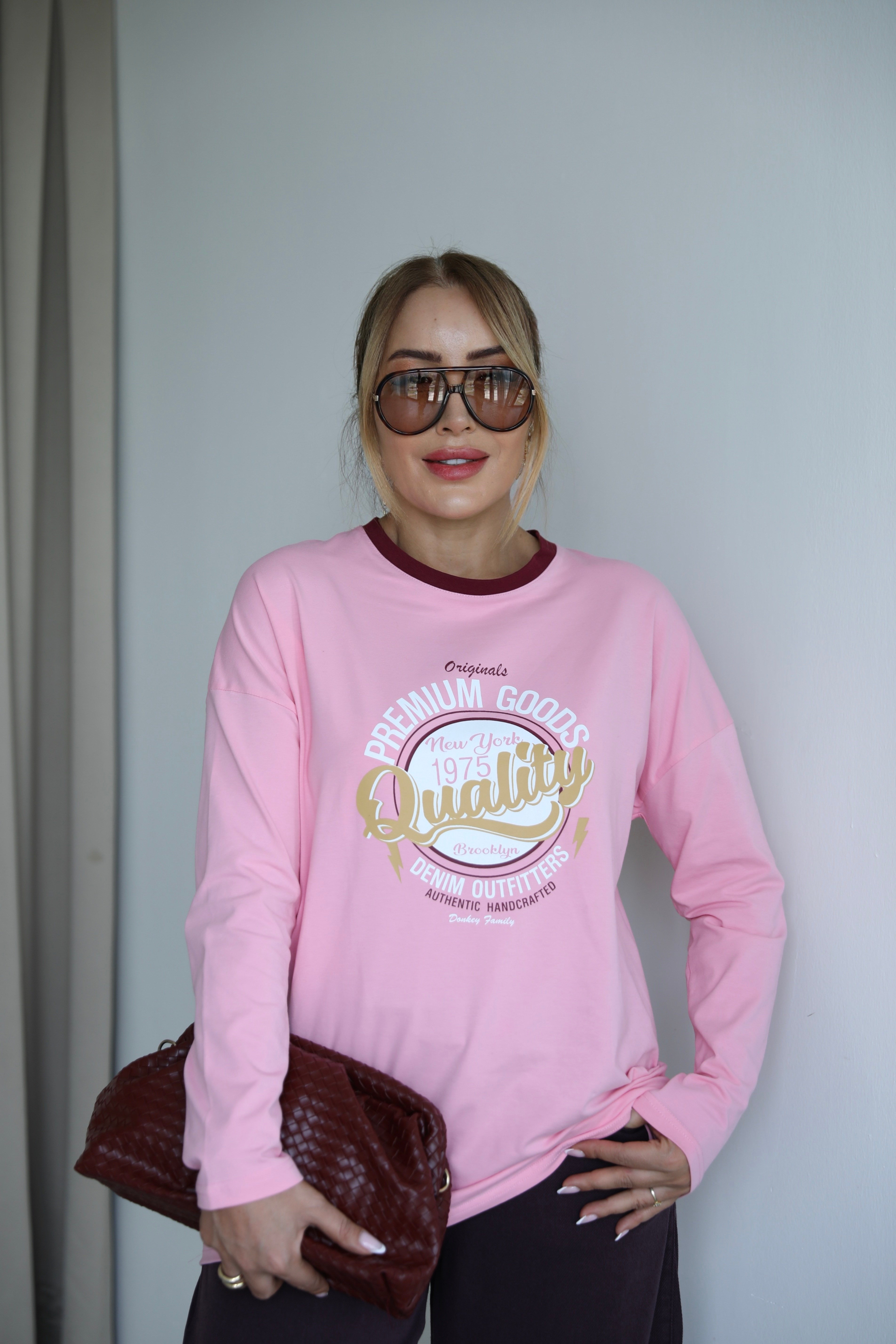 Pembe Bordo Yazılı Basic T-shirt 