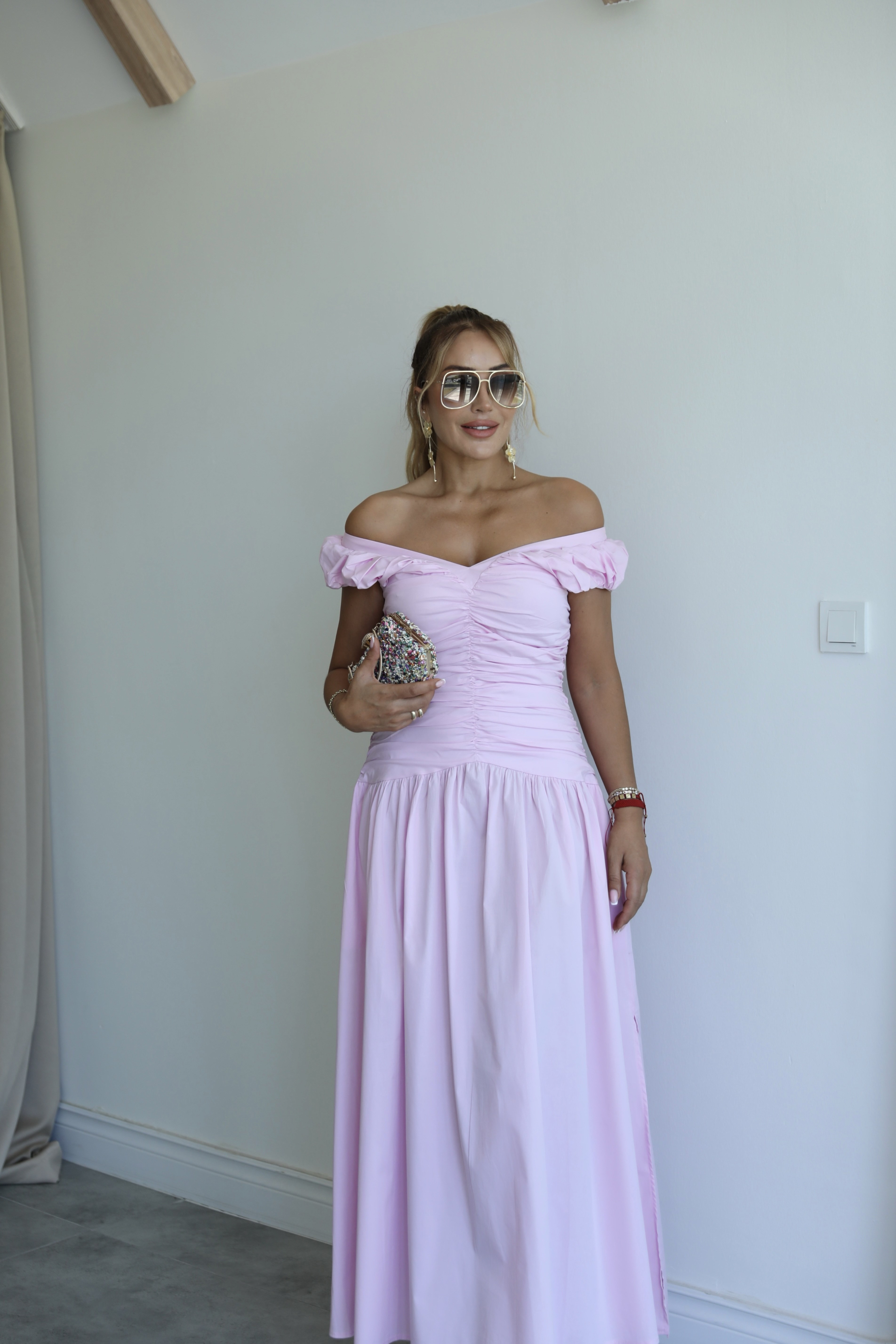 Pembe Büzgülü Poplin Elbise