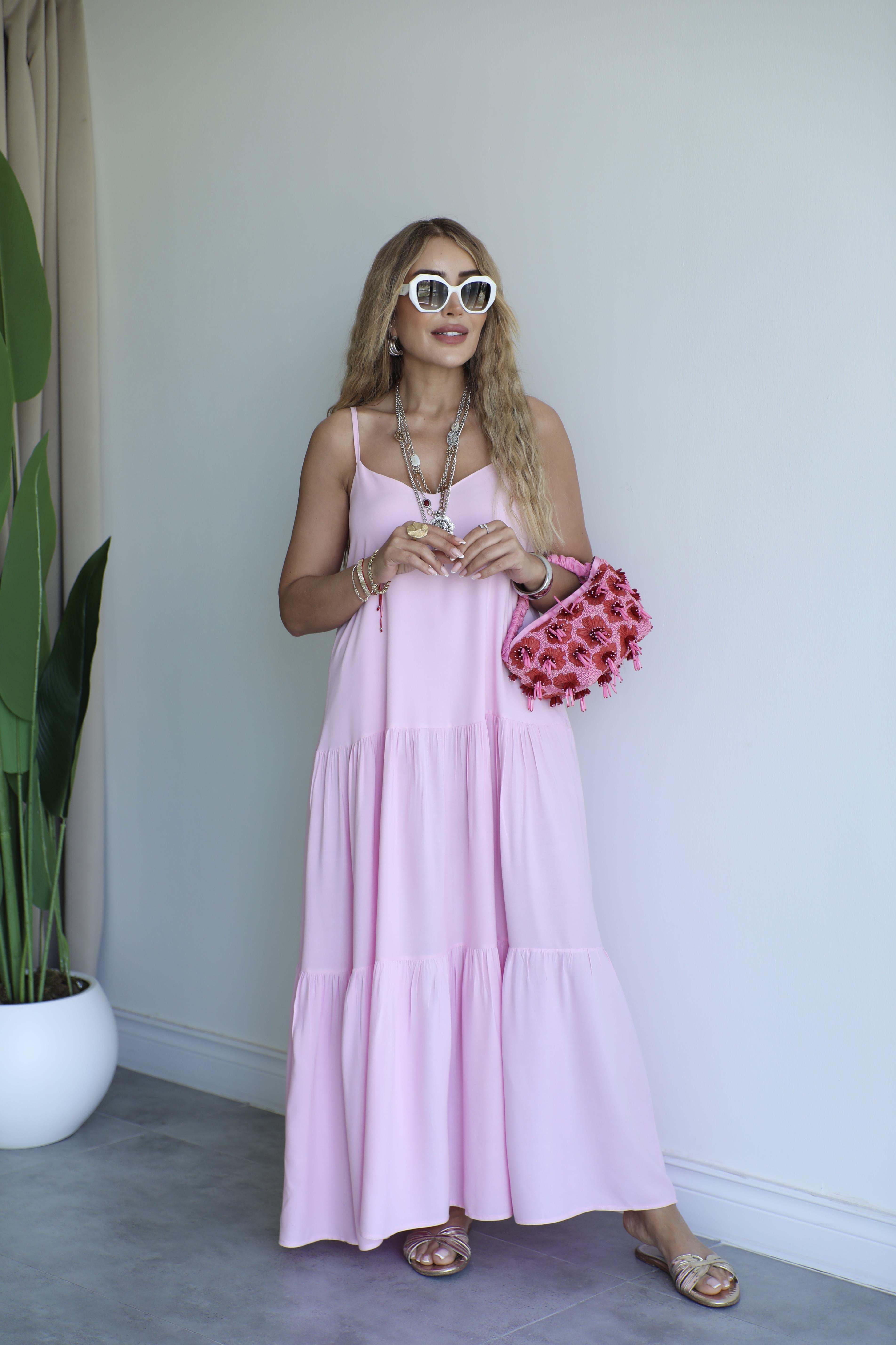 Pembe İnce Askılı Viscon Elbise