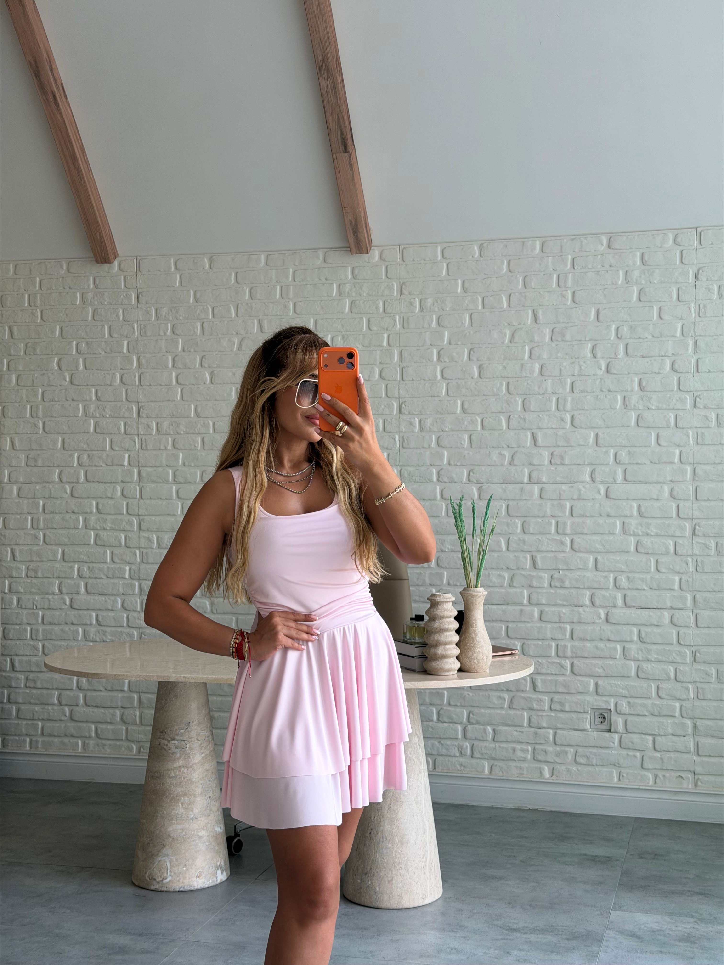 Pembe Kalın Askılı Scuba Katlı Elbise