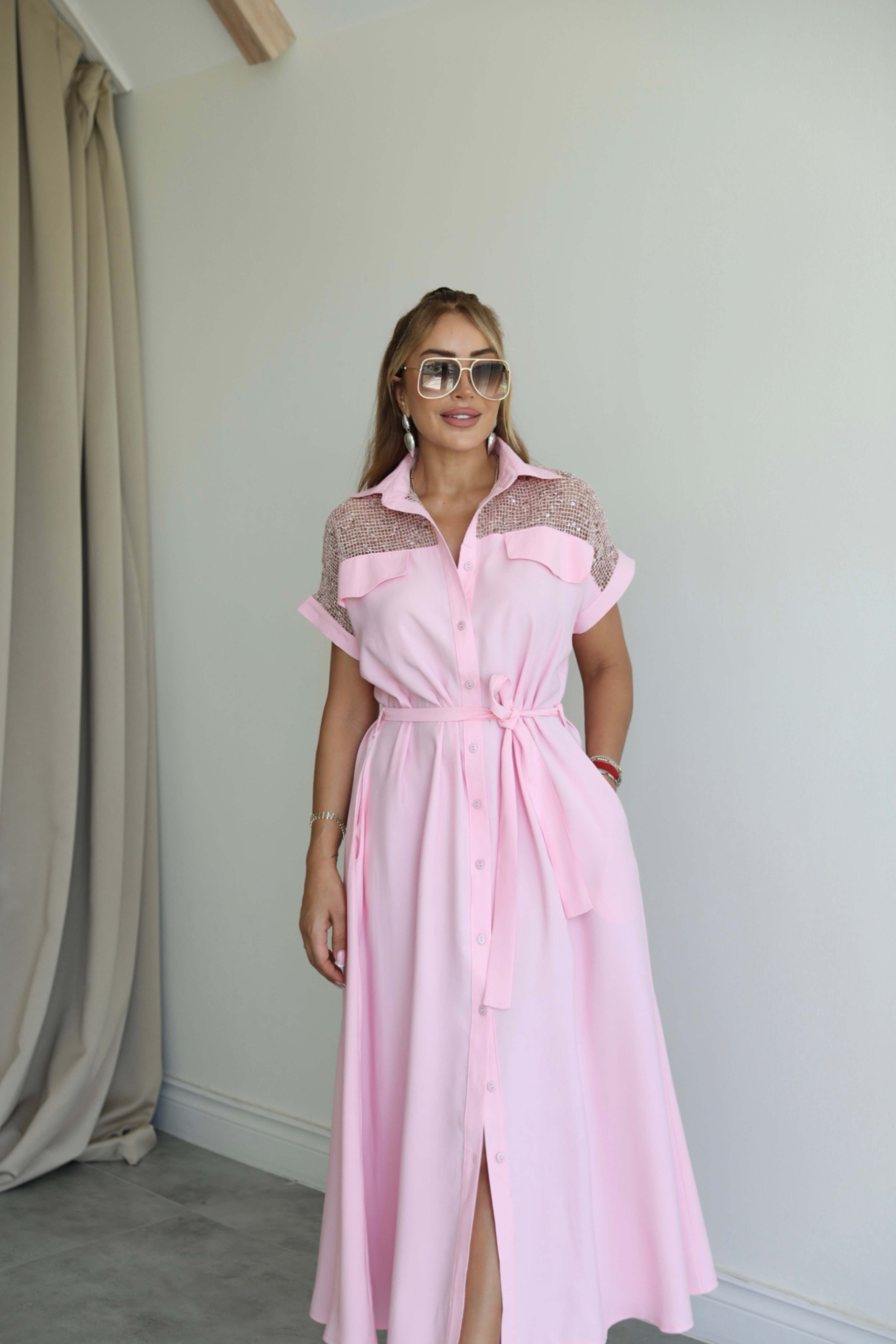 Pembe Omuz Pul Detaylı Gömlek Elbise