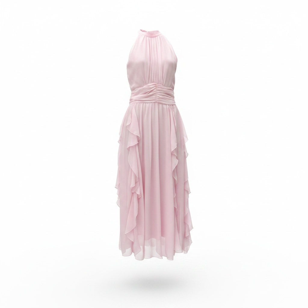 Pembe Önü Fırfırlı Şifon Elbise