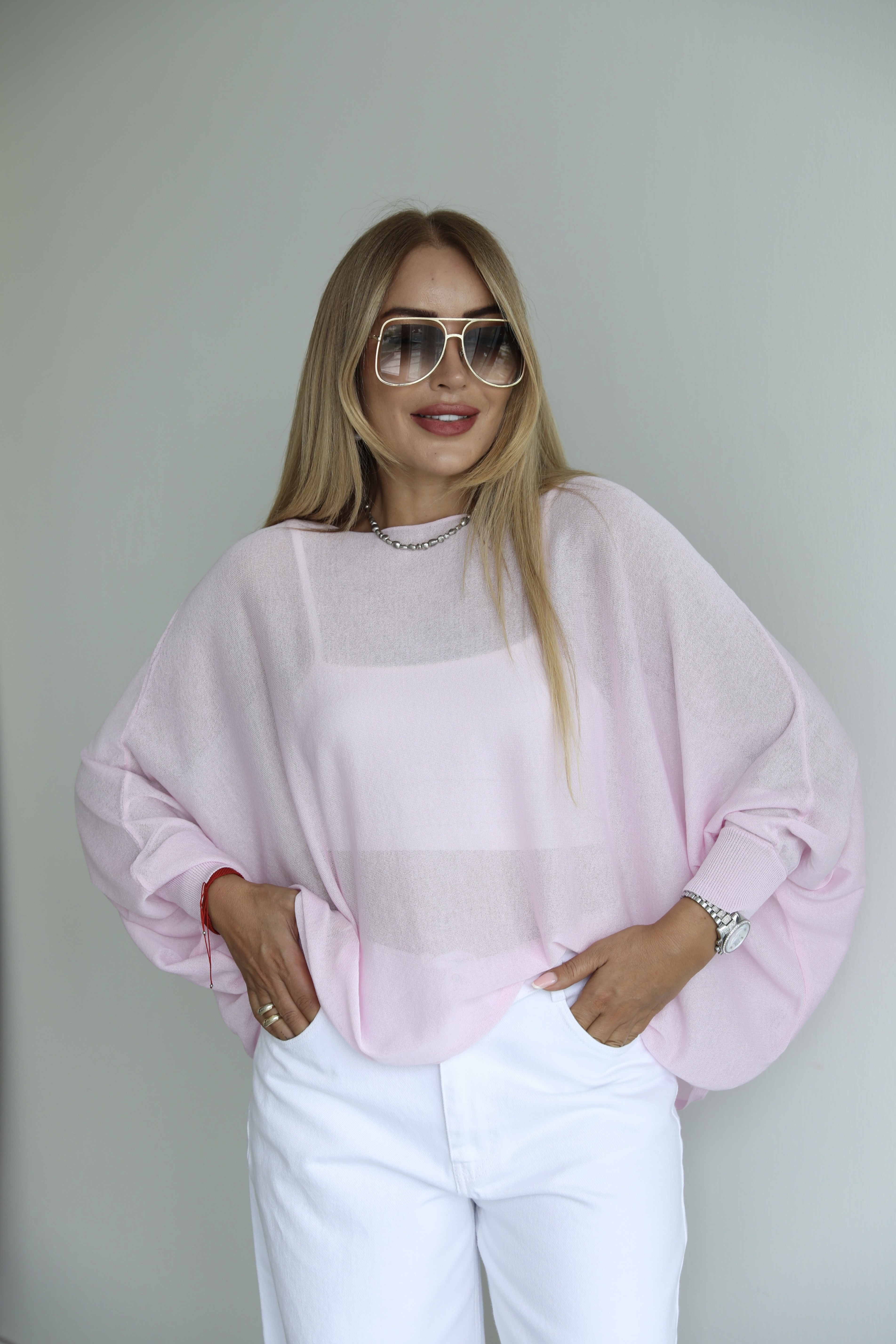 Pembe Transparan Triko Bluz