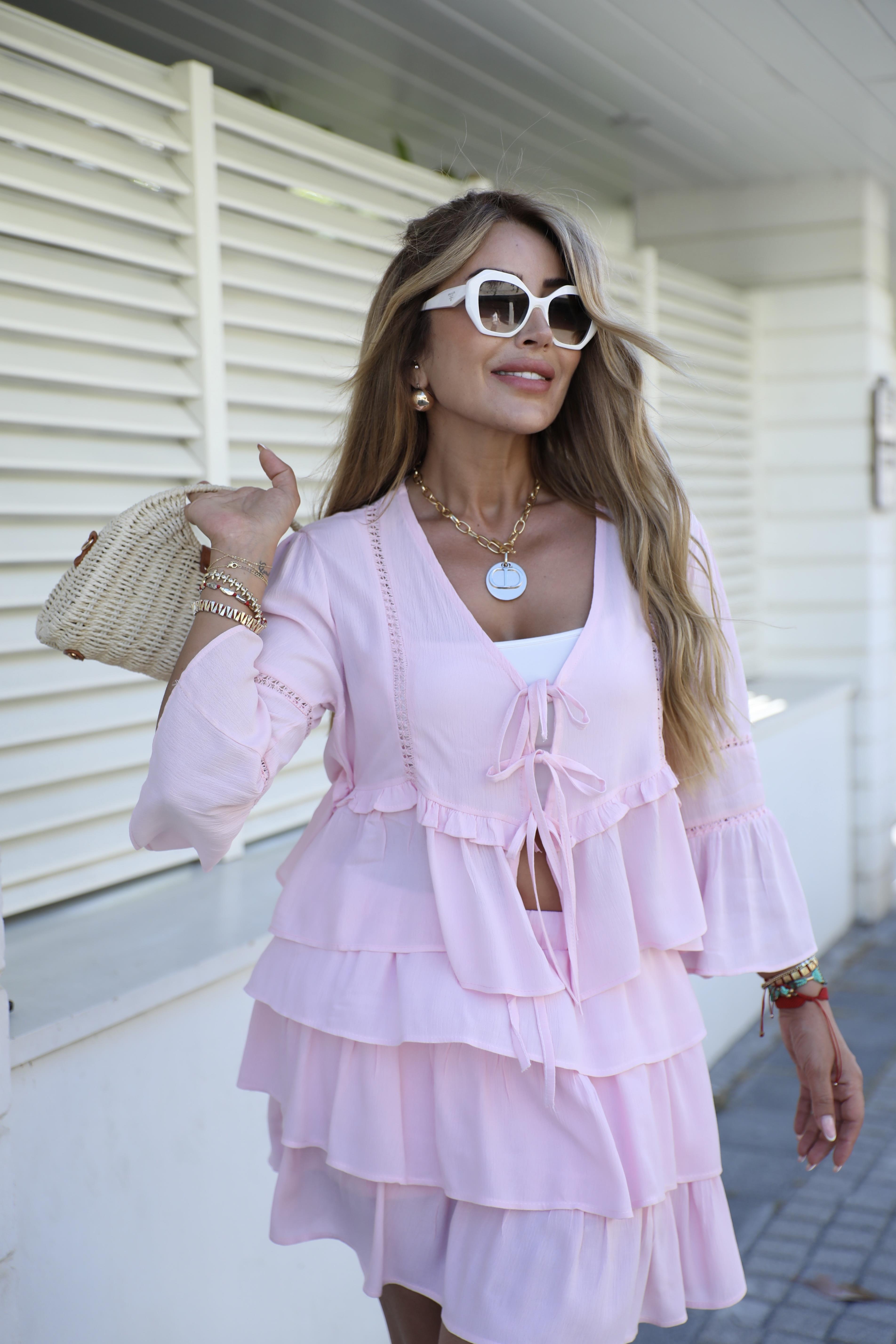 Pembe Volanlı Keten Etek Bluz Takım 