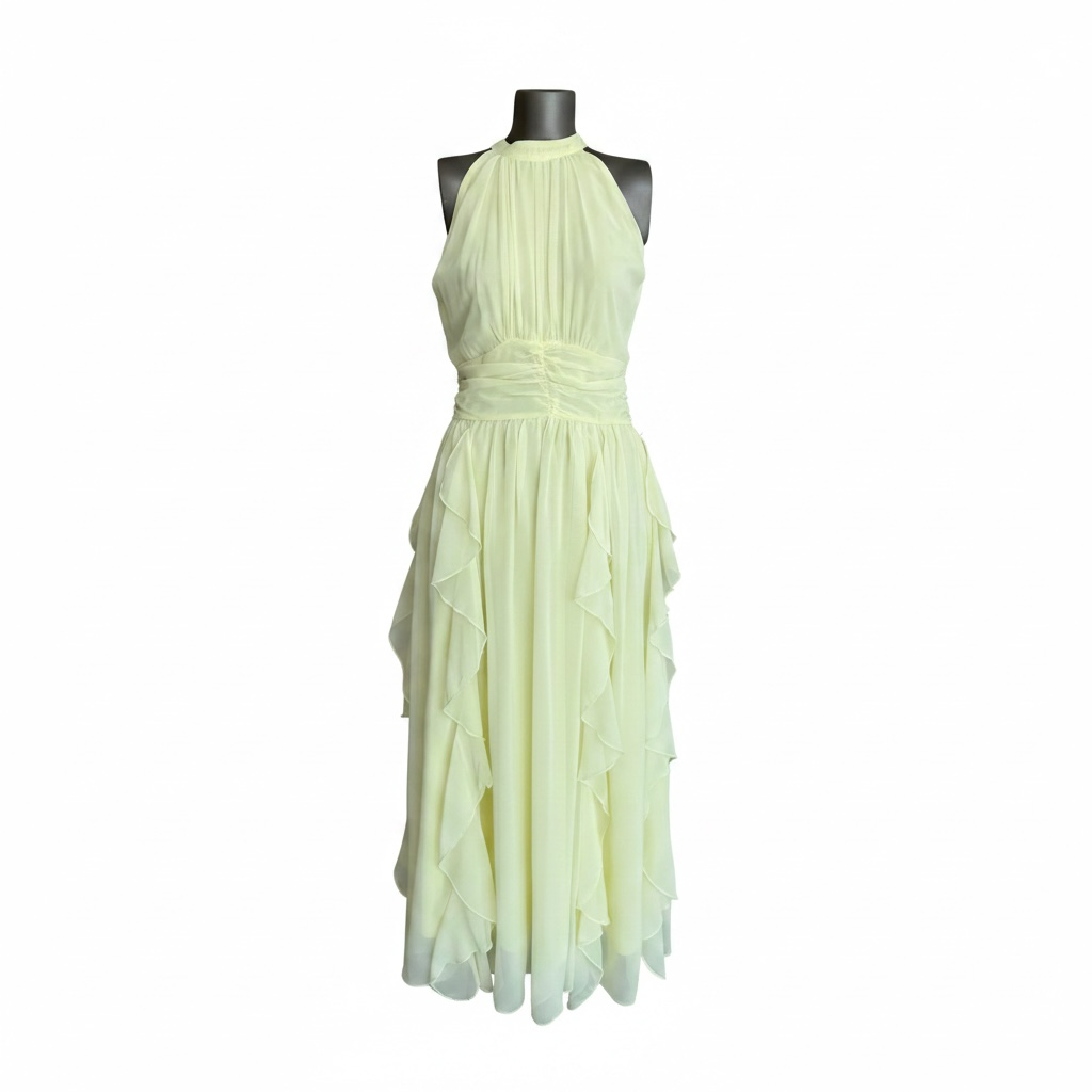 Sarı Önü Fırfırlı Şifon Elbise