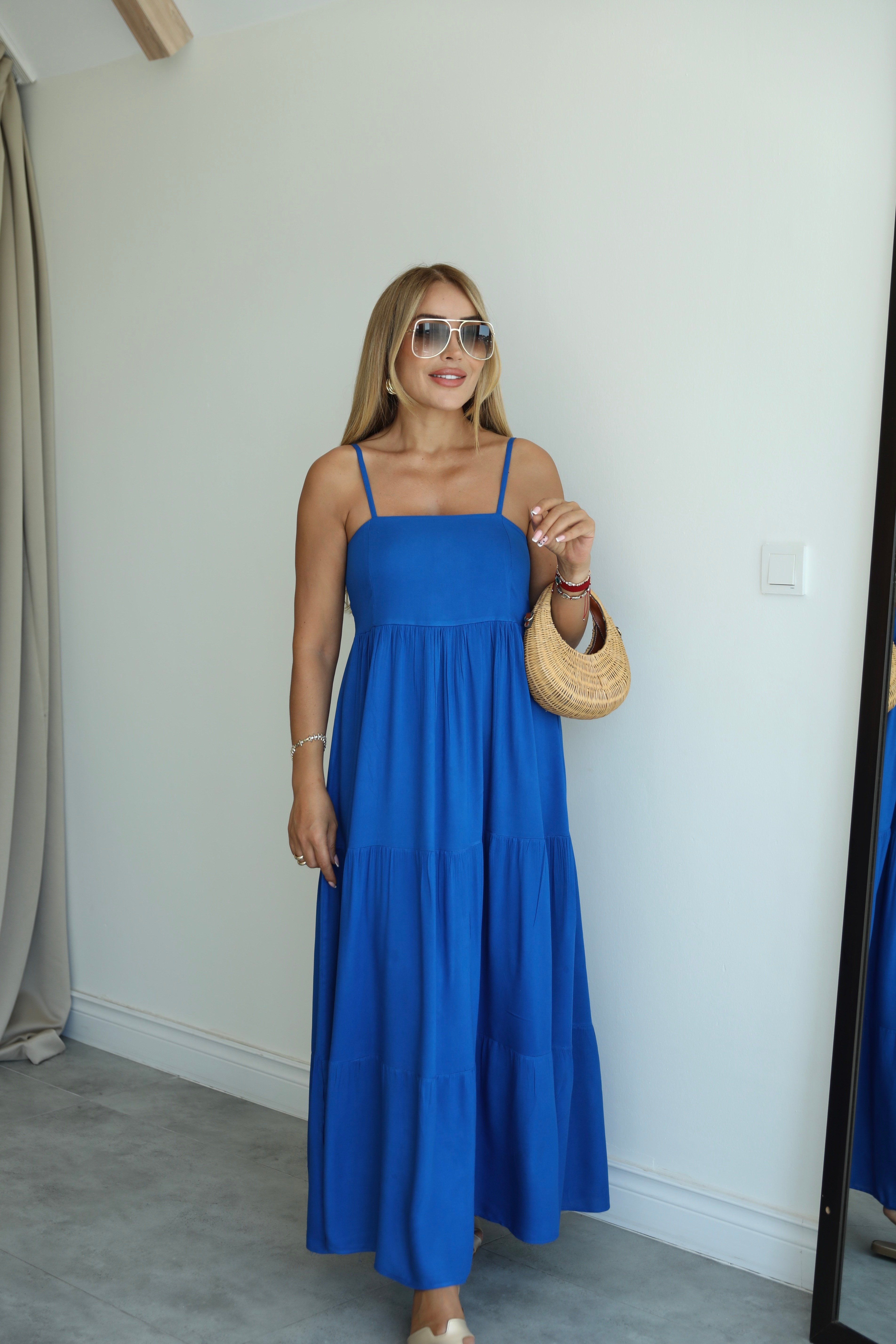 Sax Mavisi İnce Askılı Maxi Elbise 