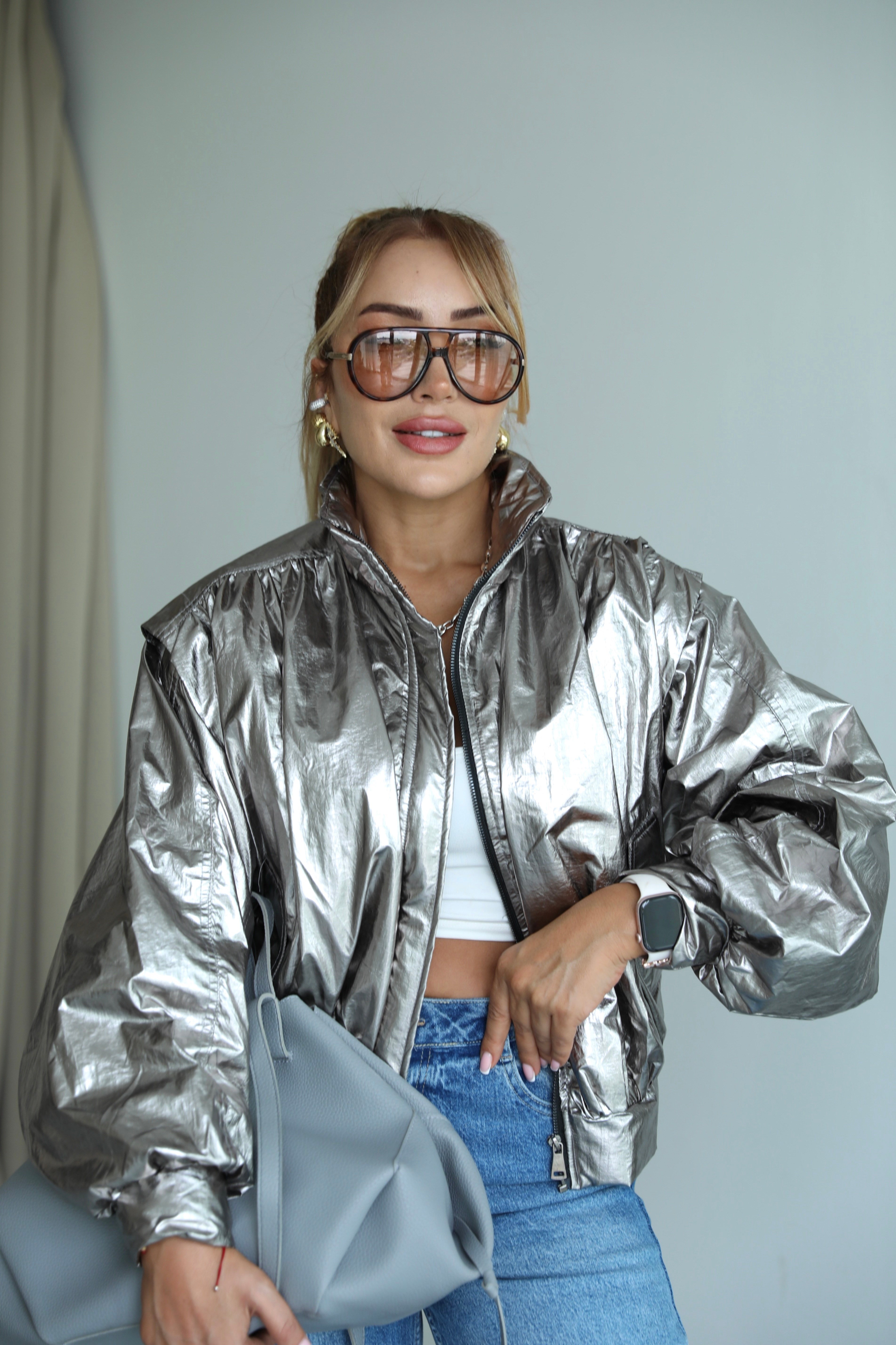 Silver Pileli Parlak Kapitone Mont