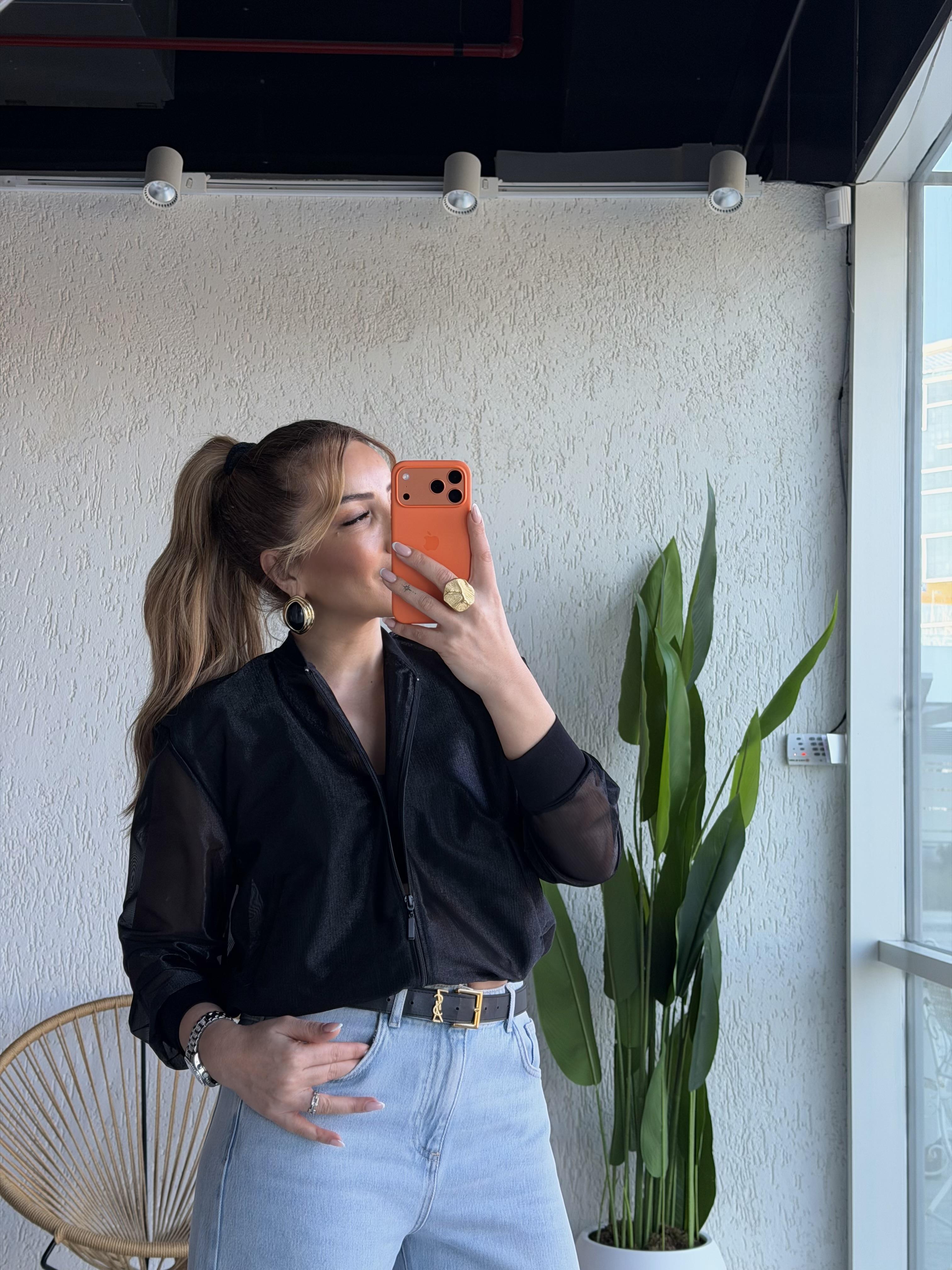 Siyah Organze Bomber Ceket