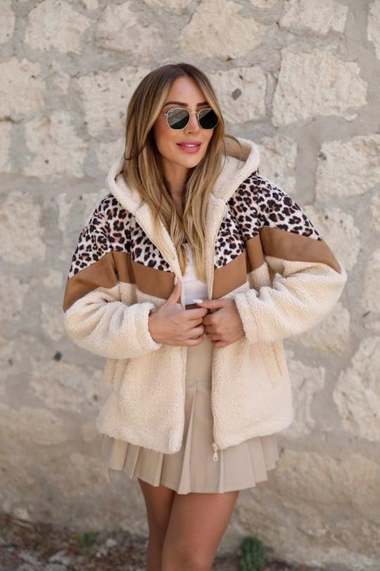 Taş Leopar Desenli Peluş Mont