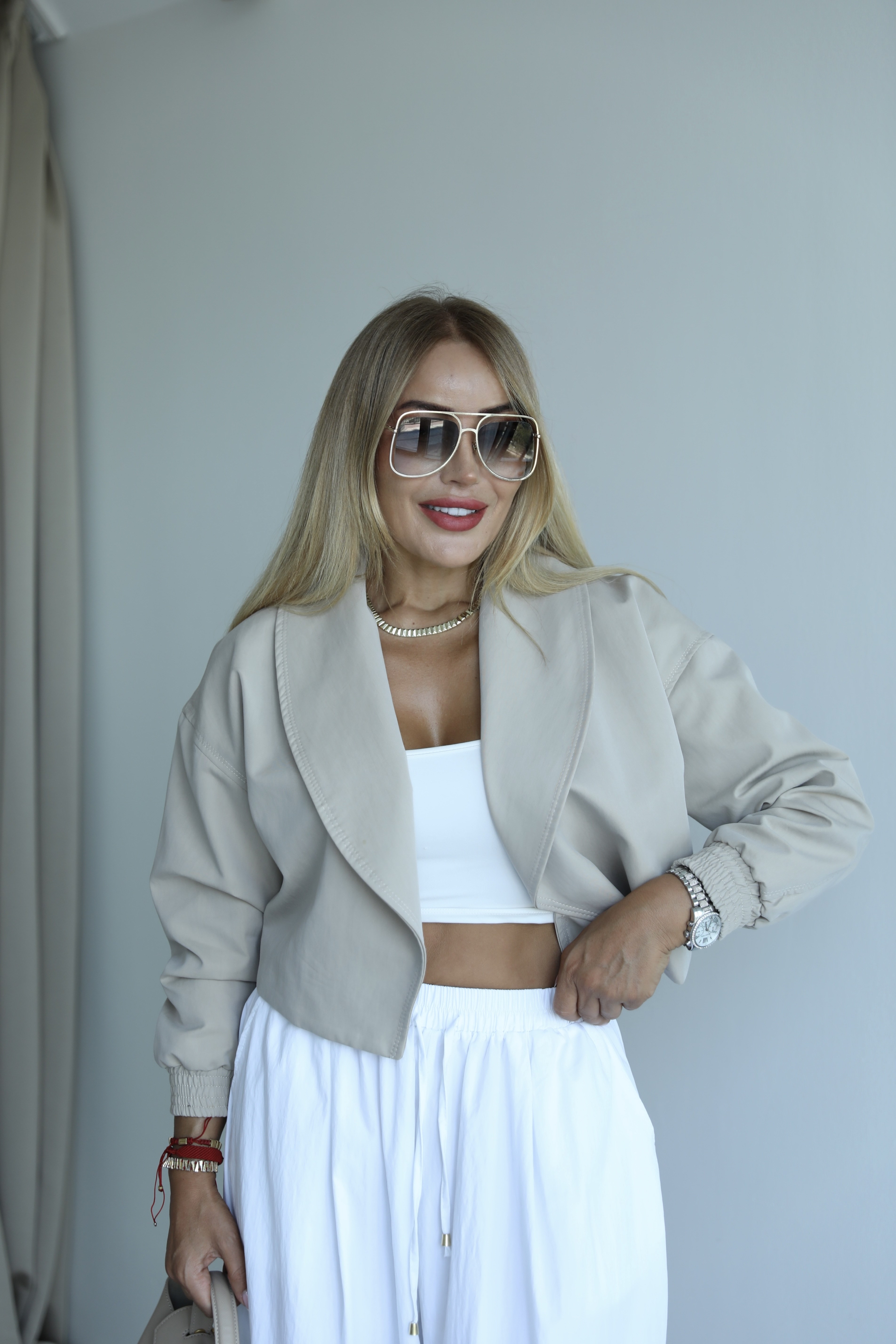 Taş Rengi Crop Trenç