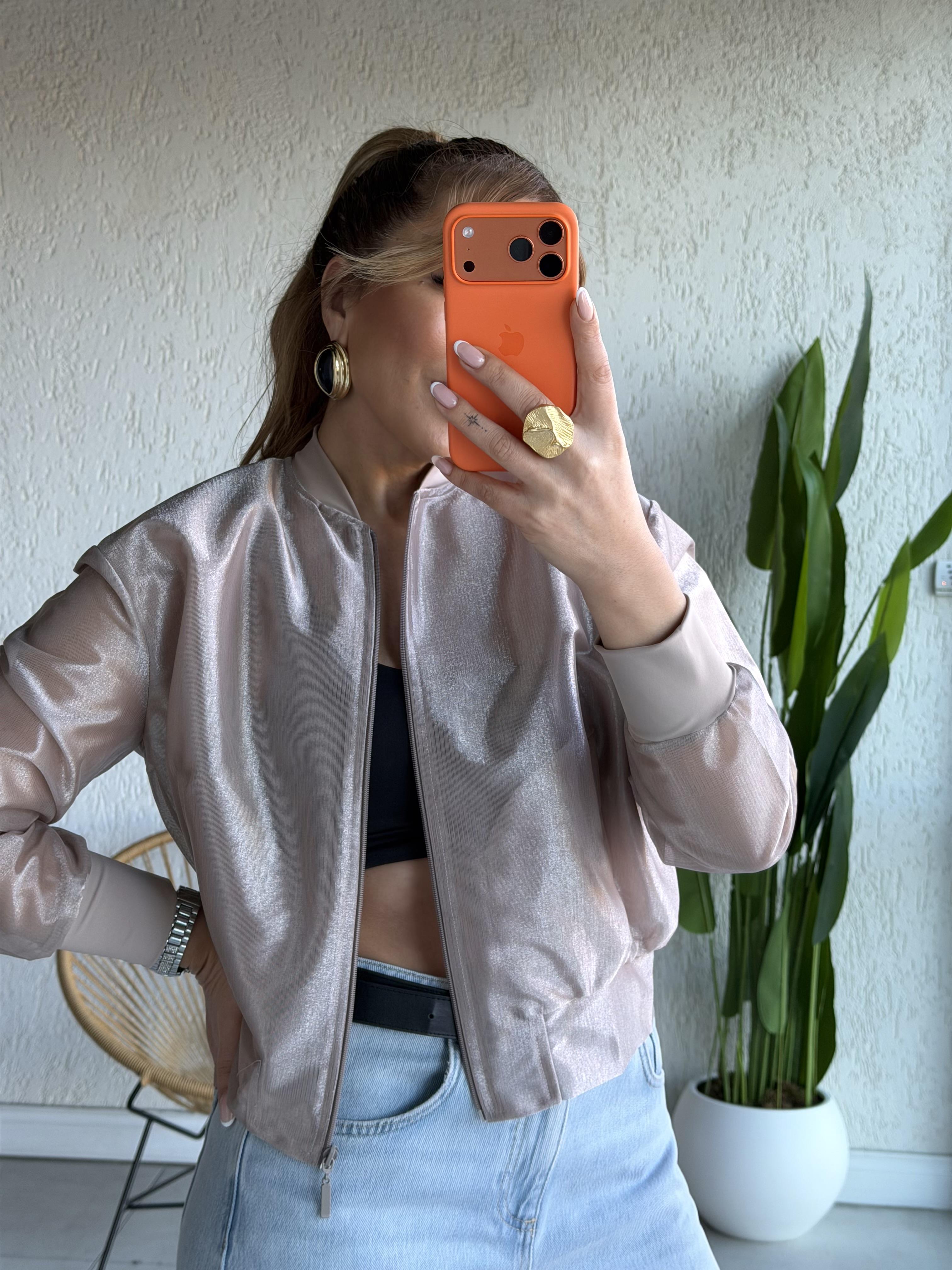 Taş Rengi Organze Bomber Ceket