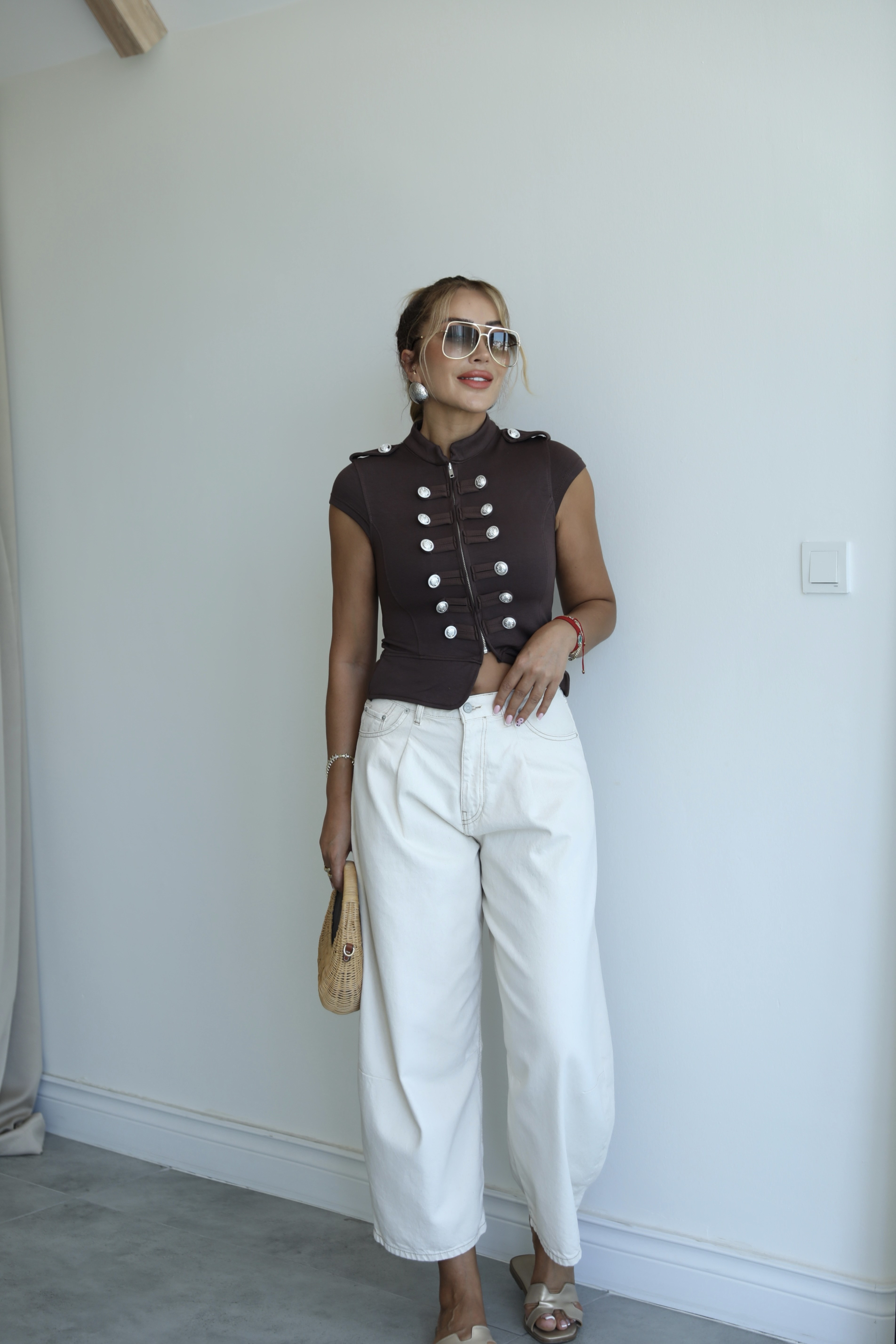 Taş Rengi Pile Detaylı Denim