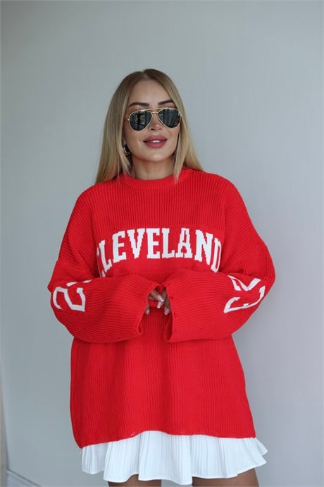 Açık Kırmızı Yazı Detaylı Oversize Kazak
