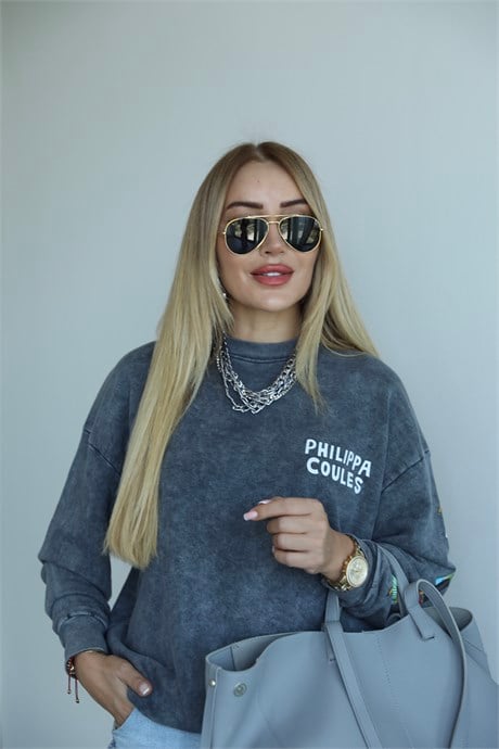Antrasit Sırt Baskılı Baskılı Sweat