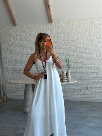 Beyaz Askılı Maxi Çan Elbise