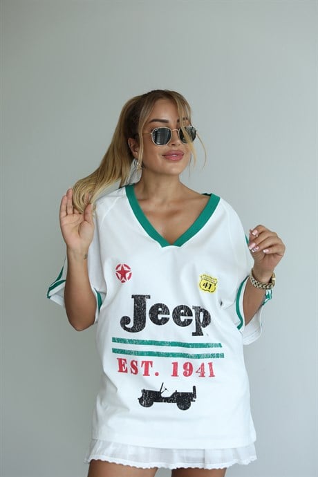 Beyaz Yeşil V Yaka Yazılı Oversize T-shirt
