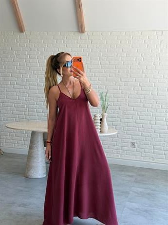 Bordo Askılı Maxi Çan Elbise