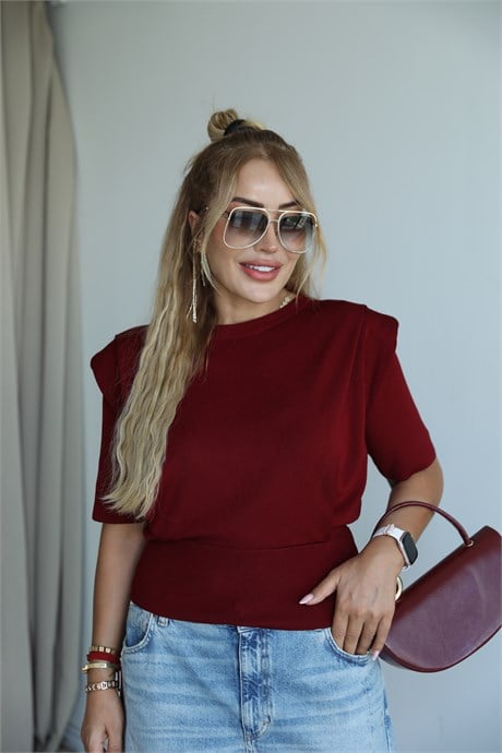 Bordo Vatkalı Triko Bluz