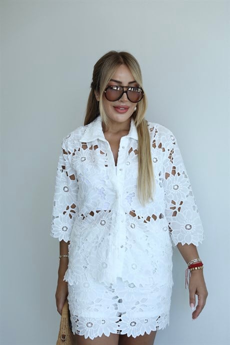 Ekru Dantelli Etek Gömlek Takım 