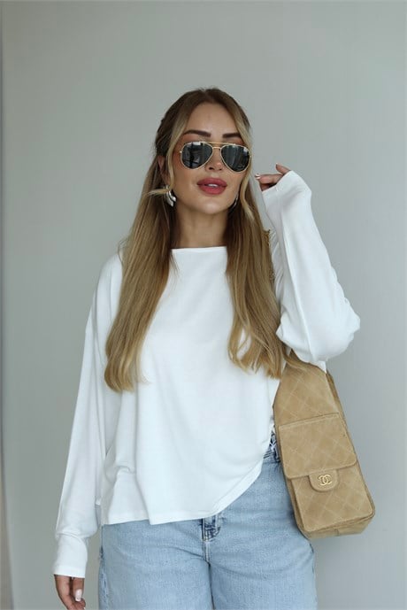 Ekru Sırt Dantelli Oversize Triko Bluz