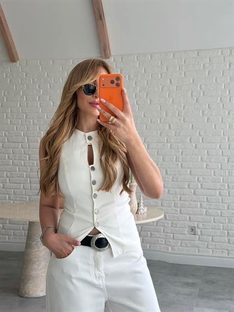 Ekru Tasarım Düğmeli Yelek