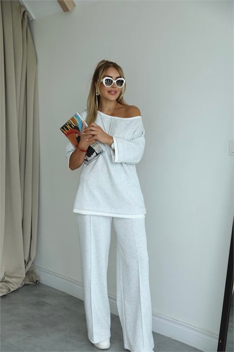 Gri Beyaz Biyeli Oversize Takım 