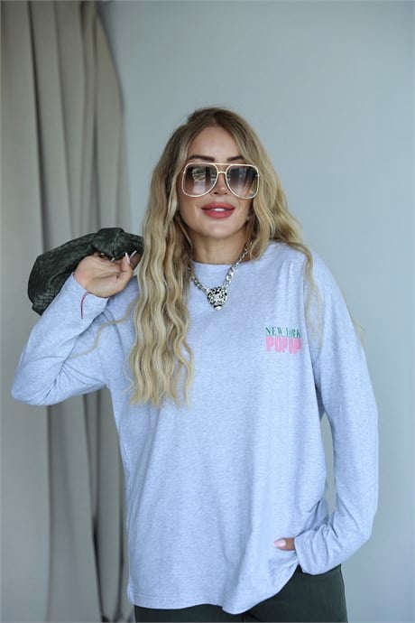 Gri Yeşil Yazılı Uzun Kollu Basic T-shirt 