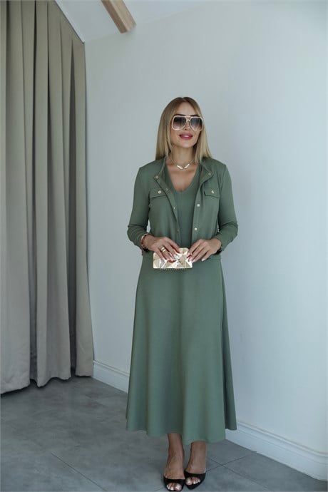 Haki Çıtçıtlı Elbise Hırka Takım 