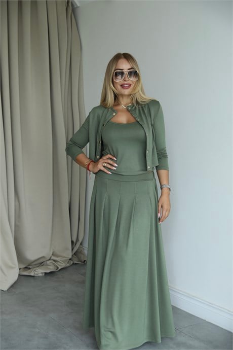 Haki Modal Üçlü Etek Hırka Bluz Takım 