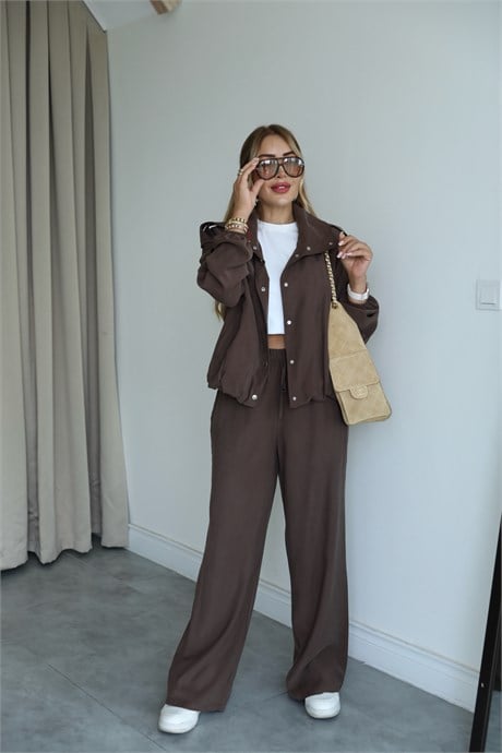 Kahve Çıtçıtlı Pileli Ceket Pantolon Takım 