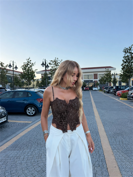 Kahve Dantel Korse Bluz