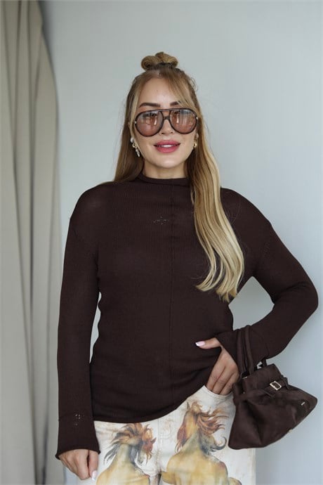Kahve Dokulu Yarım Balıkçı MD Triko
