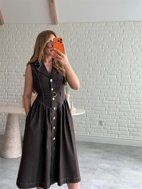 Kahve Kuşaklı Kalın Askılı Elbise