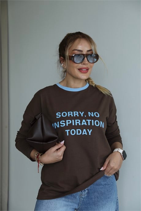 Kahve Mavi Yazı Detaylı Basic T-shirt 