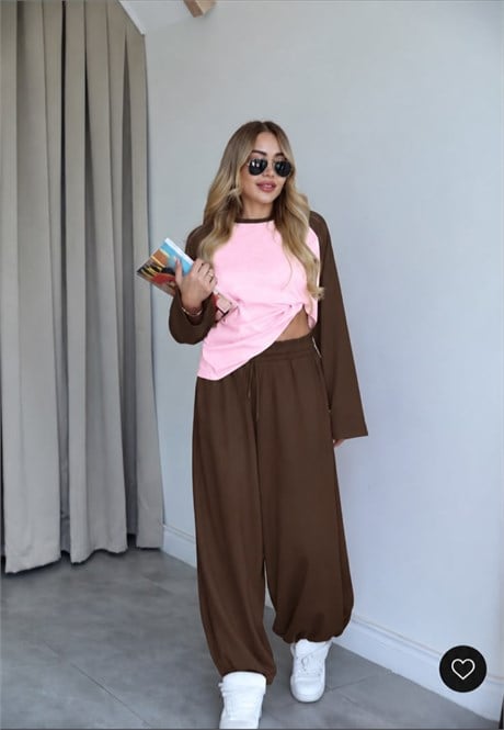 Kahve Pembe Oversize Sweat Eşofman Takım