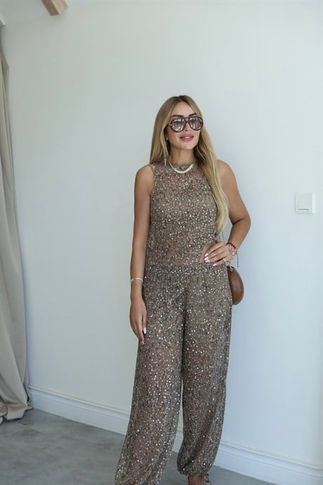 Kahve Pullu Tasarım Bluz Pantolon Takım 