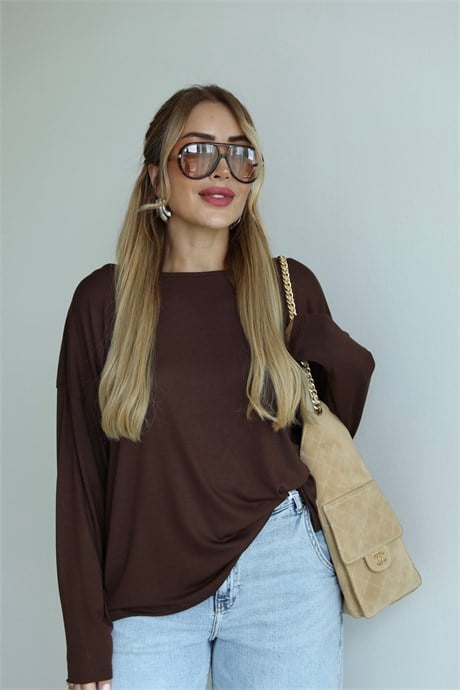 Kahve Sırt Dantelli Oversize Triko Bluz