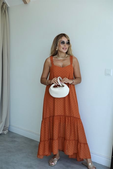 Kiremit Şifon Fırfırlı Maxi Elbise 