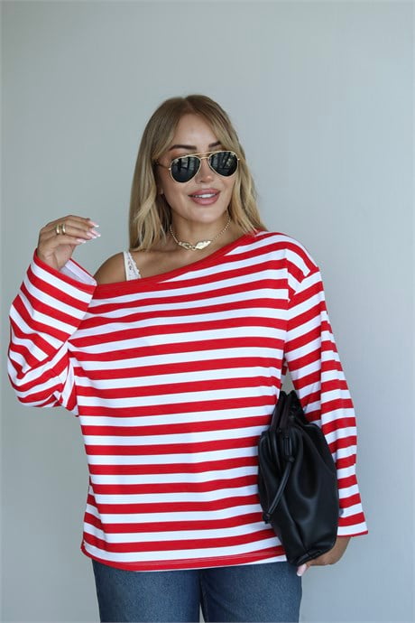 Kırmızı Beyaz Çizgili Kayık Yaka Basic T-shirt 