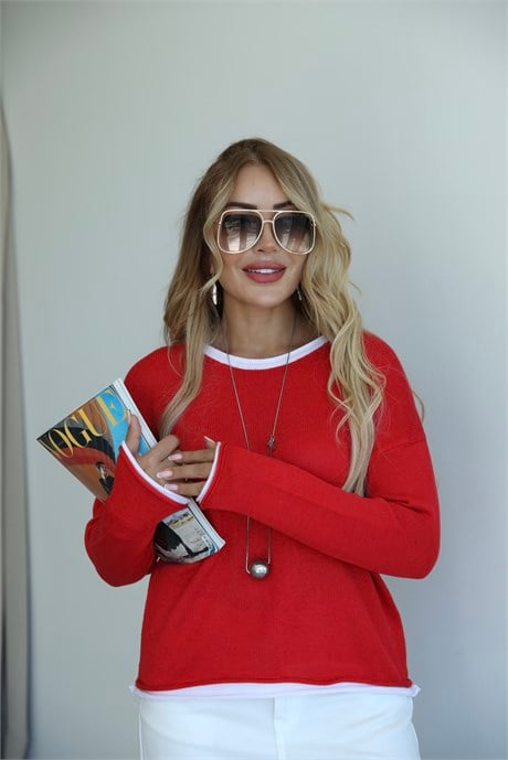 Kırmızı Beyaz Detaylı Triko Bluz