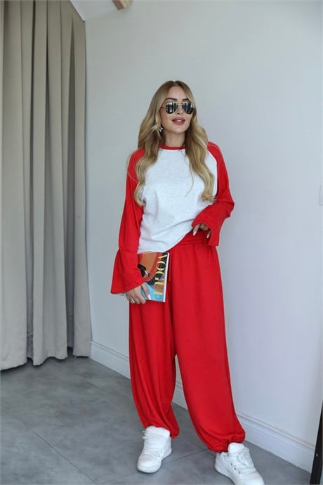 Kırmızı Gri Oversize Sweat Eşofman Takım